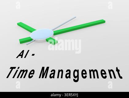 3D illustration of a clock along with the script "AI Time Management" Stock Photo