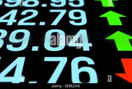 Close-up of the trading screen displaying stock market data and arrows indicating price changes. Close-up of the trading screen displaying stock marke Stock Photo