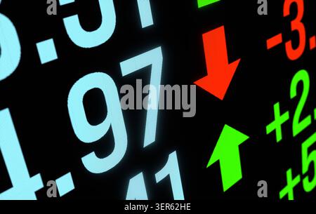 Close-up of the trading screen displaying stock market data and arrows indicating price changes. Close-up of the trading screen displaying stock marke Stock Photo