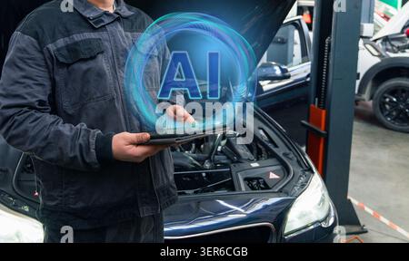 Car mechanic using AI diagnostic interface and augmented reality for vehicle repair Stock Photo