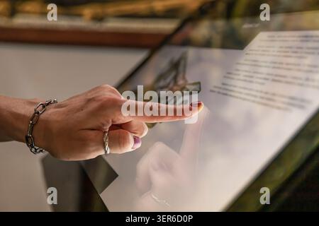 Woman using interactive touchscreen information display in modern museum exhibition hall indoors Stock Photo