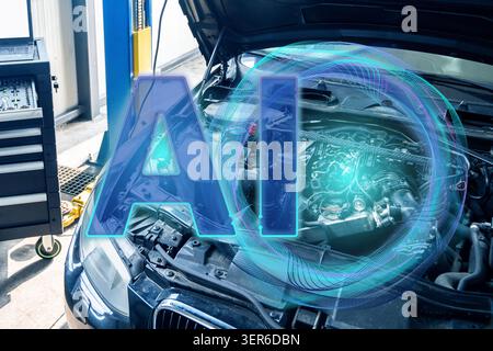 Car mechanic using AI diagnostic interface and augmented reality for vehicle repair Stock Photo