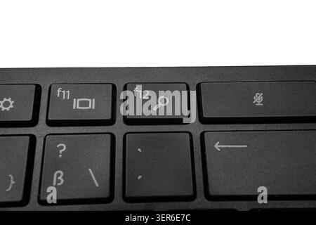 A computer keyboard shows function keys F11, F12, and other buttons. The focus is on the symbols that represent various functions. The setting is indo Stock Photo