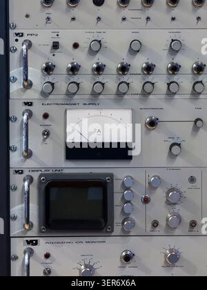 Vintage Laboratory Electronics Control Panel With Analog Meter, Knobs, Dials and Display Instrument Stock Photo