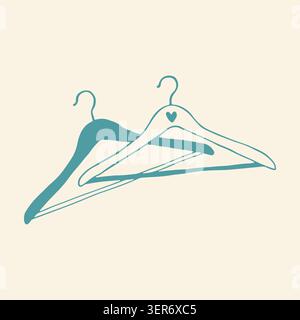 Vector hand drawn clothes hangers with a heart detail. Cute teal doodle of wardrobe organization tools and garment care elements isolated on beige for Stock Vector