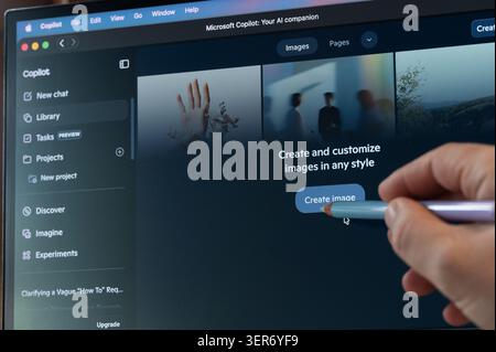 New York, USA - June 16, 2026: Creating image in Microsoft Copilot AI app close up view on screen background Stock Photo