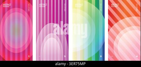 Abstract geometric poster template set with translucent concentric circles over vertical and diagonal stripes. Stock Vector