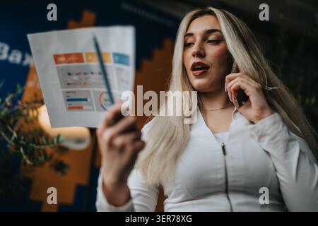 Businesswoman reading a report while talking on her phone in a modern office environment Stock Photo