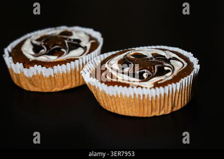 Two Chocolate Cupcakes with White and Dark Swirl Frosting Stock Photo