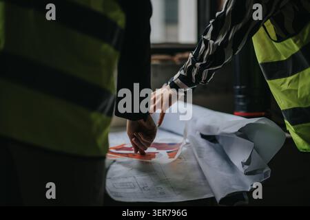 Construction professionals reviewing blueprints on site while wearing high-visibility safety vests Stock Photo