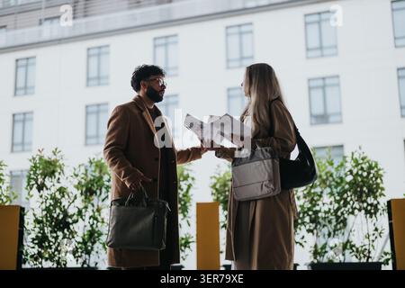 Two business professionals exchanging documents outdoors in front of modern office building Stock Photo