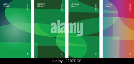 Abstract geometric poster template set with green overlapping translucent curves. Stock Vector