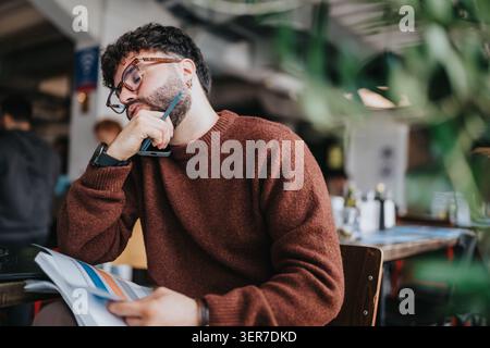 Businessman in a cafe studying documents and thinking with phone and pen in hand Stock Photo