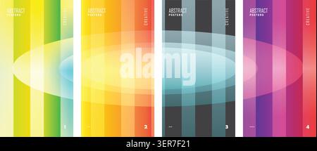 Abstract geometric poster template set with translucent oval shapes over broad vertical stripes. Stock Vector