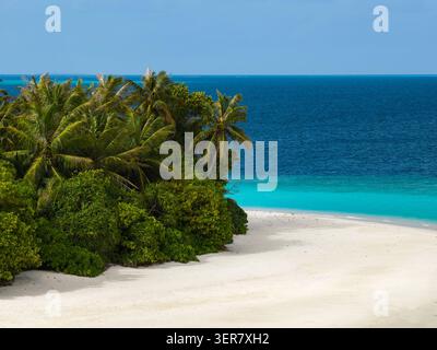Maldives islet with crescent sand, palms, and turquoise lagoon Stock Photo
