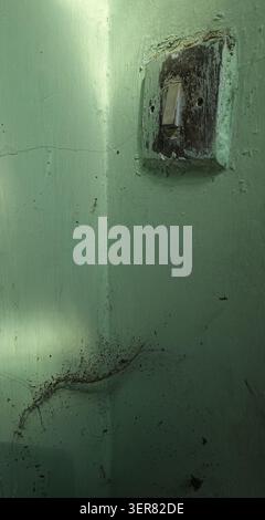 A close up of a dusty, worn-out vintage light switch covered in dirty spiderwebs on a cracked green concrete wall corner. Stock Photo