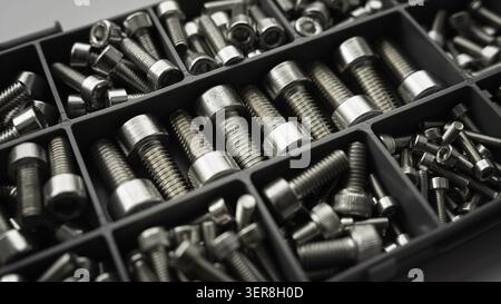 Close-up view of stainless steel socket head screws arranged in compartments of a plastic organizer box for industrial and engineering applications. Stock Photo
