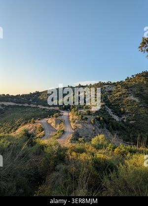 Sunset over rocky hills and silhouetted trees with warm orange sky in Algeria Stock Photo