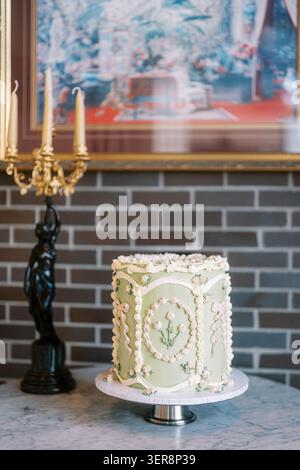 Elegant Decorative Wedding Cake on Marble Table in Toronto Stock Photo