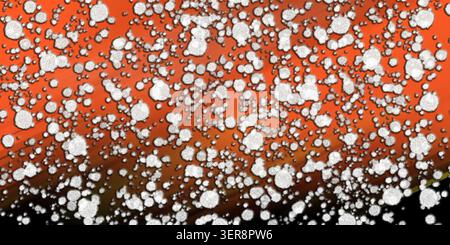 Abstract digital art featuring a dense pattern of white textured circular shapes scattered over a vibrant orange and black gradient background. Stock Photo