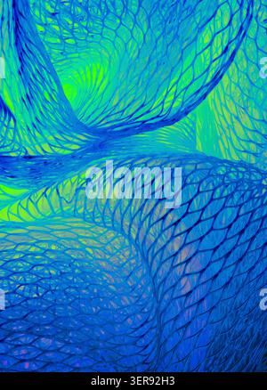 Closeup macro photograph of blue and white mesh shower ball loofah, showing coiled plastic netting patterns, curved ridges, and compressed texture in Stock Photo