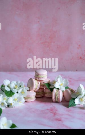 Soft pink macarons filled with pistachio cream are stacked on a pastel pink background, styled with delicate white spring flowers for an elegant desse Stock Photo