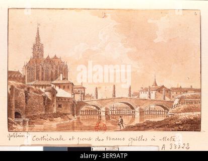 Antoine Louis Goblain drawing depicts Metz cathedral alongside the Pont des Basses-Grilles spanning the Moselle, combining fortified river structures and ecclesiastical architecture within the city landscape. Stock Photo
