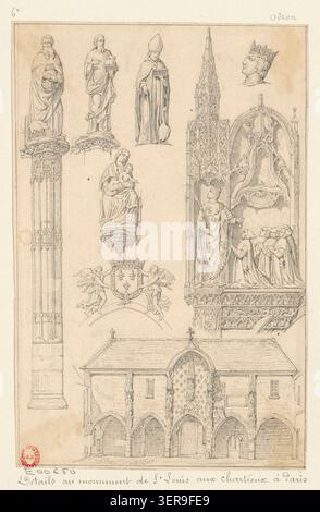 A drawing records detailed features of the Monument of Saint Louis at the Chartreux in Paris in 1790, focusing on sculptural and architectural elements associated with the religious site and its structural setting within the urban environment Stock Photo