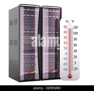 Server racks with thermometer, data center cooling and overheating control concept, 3d rendering isolated on white background Stock Photo