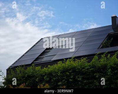 newly built house fully covered with photovoltaic panels hidden behind green hedge under bright blue sky Stock Photo