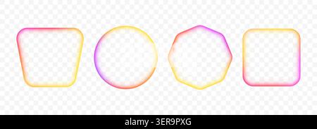 Bright iridescent gradient frame set. Blurred yellow orange purple glowing border collection. Vibrant rainbow color square or circle banner element pack. Colorful vivid box template bundle. Vector Stock Vector