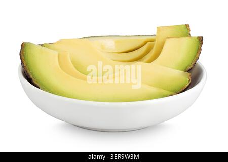 avocado slices in ceramic bowl isolated on white background close up Stock Photo