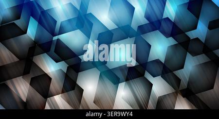 A dynamic abstract background featuring overlapping translucent blue hexagonal shapes and light streaks, creating a modern technological or digital ef Stock Photo