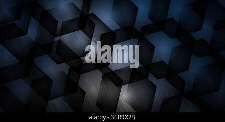An abstract background with a dark blue and grey color palette, featuring a sophisticated geometric hexagonal pattern with subtle light highlights. Stock Photo