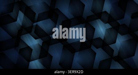 A dark blue abstract background featuring a repeating pattern of translucent, overlapping hexagons with subtle light streaks and a modern tech aesthet Stock Photo
