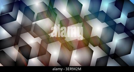 A vibrant abstract background composed of dark hexagonal shapes layered over a colorful, glowing light effect with a soft motion blur. Stock Photo