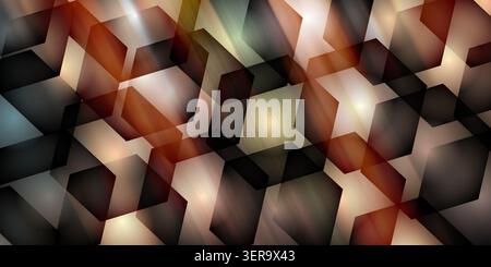 A dynamic abstract background with a mix of warm orange and cool blue tones, featuring a layered geometric hexagonal pattern and soft light flares. Stock Photo
