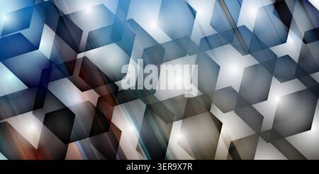 A vibrant abstract composition with a blue and grey color palette, featuring a repeating hexagonal pattern and bright, glowing light effects. Stock Photo