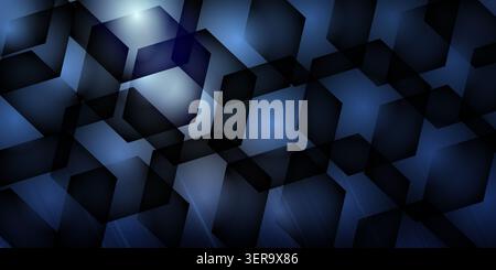 A sophisticated abstract background composed of dark blue overlapping hexagonal shapes with subtle lighting and a sleek, tech-inspired aesthetic. Stock Photo