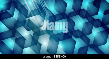 A vibrant and energetic abstract background with a bright cyan light burst, overlaid with a dark geometric hexagonal grid pattern and light streaks. Stock Photo