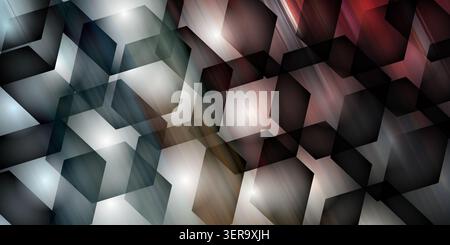An abstract composition featuring dark, semi-transparent hexagonal shapes layered over a soft, multi-colored light-streaked background. Stock Photo