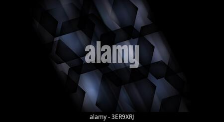 A moody and minimalist abstract background composed of dark, layered hexagons against a subtle, dark blue light-streaked gradient. Stock Photo