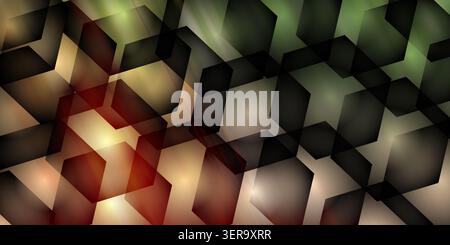 An abstract background featuring dark, overlapping hexagonal shapes set against a glowing, multi-colored light effect. Stock Photo