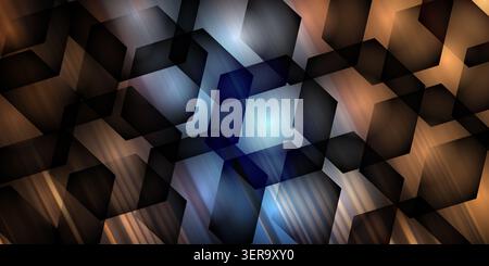 A dark, moody abstract background composed of overlapping hexagonal shapes with blue and orange light streaks and glowing highlights. Stock Photo