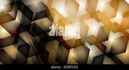 A vibrant abstract background blending dark geometric hexagonal shapes with warm golden light, creating a sense of depth and luxury. Stock Photo