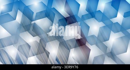 Modern abstract background with overlapping blue and white hexagonal shapes and diagonal light streaks, creating a dynamic geometric pattern. Stock Photo