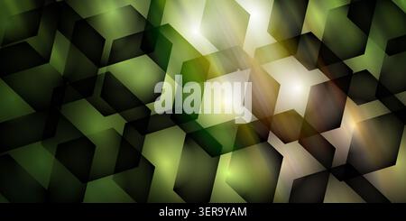 Dynamic abstract background featuring interlocking green and black hexagonal shapes with bright light flares, creating a modern and energetic design. Stock Photo