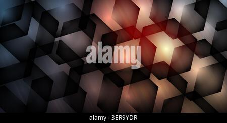 Intense abstract background with dark, overlapping hexagonal shapes, highlighted by dramatic red, orange, and blue glowing light effects. Stock Photo