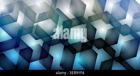 Modern digital background featuring a dynamic pattern of translucent, overlapping hexagonal shapes in shades of blue, green, and white with light effe Stock Photo