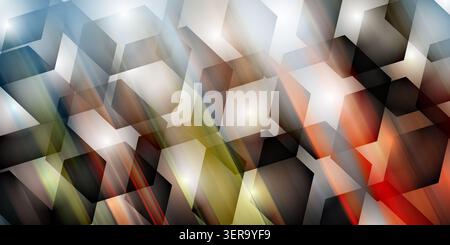 Dynamic abstract background featuring overlapping, translucent hexagonal shapes in a vibrant mix of warm and cool colors with glowing highlights and l Stock Photo